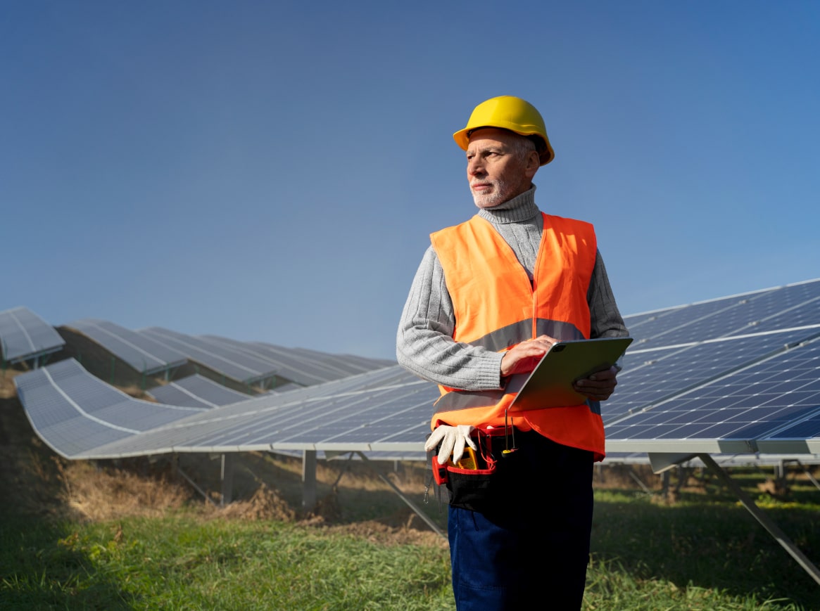 Homme dans un champs de panneaux solaires